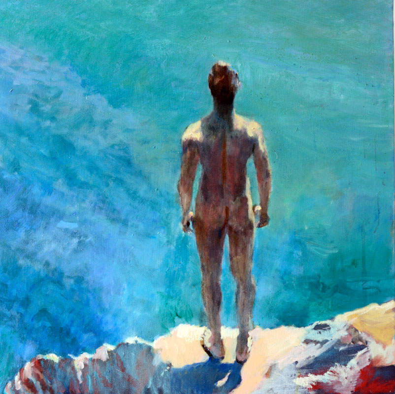 Painting of a naked man standing on the red cliff near Palermo – Cala Rossa – and contemplating the sea
